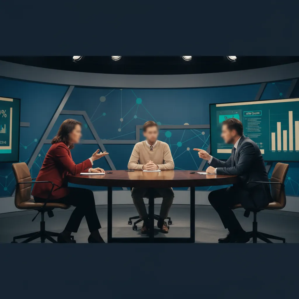 Debate educacional sobre dados de filas em caixas eletrônicos - três participantes anônimos em estúdio